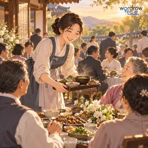 ‘손을 치르다’의 첫 번째 뜻을 표현한 그림: 큰일에 여러 손님을 대접하다.
