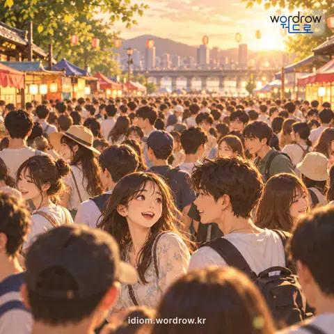 ‘송사리 끓듯’의 첫 번째 뜻을 표현한 그림: 수없이 많이 모여 있는 모양을 비유적으로 이르는 말.
