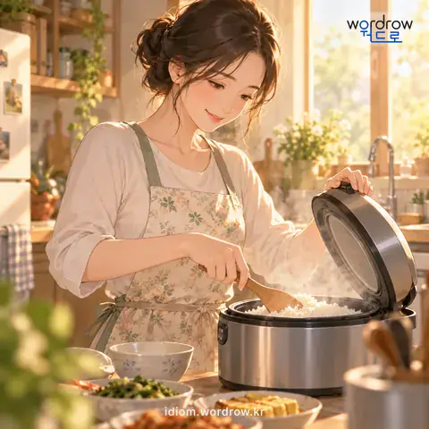‘솥뚜껑 운전수’의 첫 번째 뜻을 표현한 그림: 밥솥을 다루는 사람이라는 뜻으로, 한 가정의 살림살이를 맡아 꾸려 가는 안주인을 속되게 이르는 말.