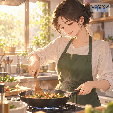 ‘수가 익다’의 첫 번째 뜻을 표현한 그림: 일 따위가 손에 익거나 익숙하여지다.