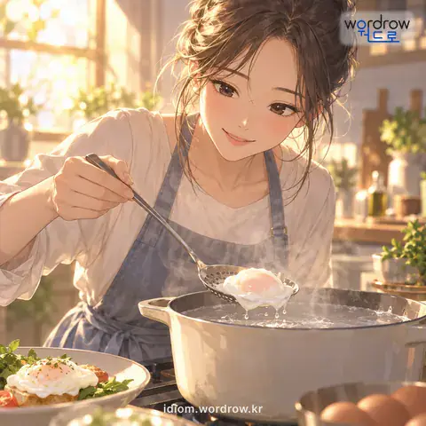 ‘수란을 뜨다’의 첫 번째 뜻을 표현한 그림: 수란을 만들다.