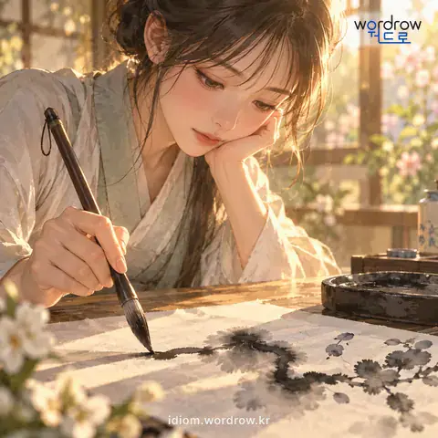 ‘수묵이 지다’의 첫 번째 뜻을 표현한 그림: 그림이나 글씨의 획이나 점 가장자리에 수묵이 번지어 나타나다.