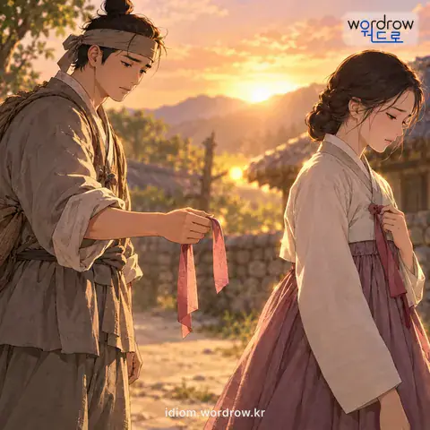 ‘수세를 베어 주다’의 첫 번째 뜻을 표현한 그림: 예전에, 하류층의 사람이 아내와 이혼할 때에 수세 대신으로 옷고름을 베어 주었다는 뜻으로, 아내와 갈라선다는 말.