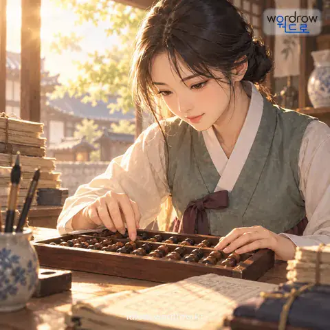 ‘수판알을 튀기다’의 첫 번째 뜻을 표현한 그림: 수판을 놓아 셈하다.