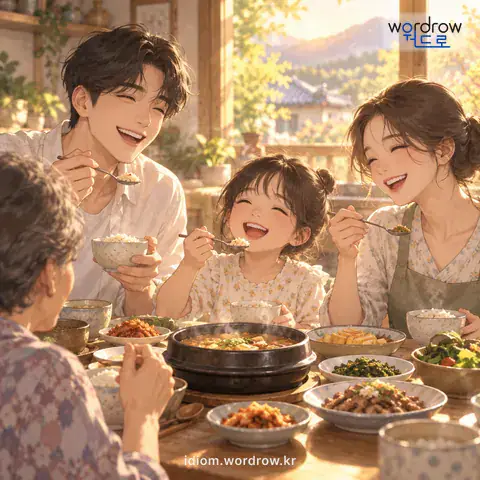 ‘숟가락을 들다’의 첫 번째 뜻을 표현한 그림: 끼니로 음식을 먹는 것을 비유적으로 이르는 말.
