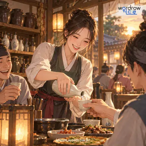 ‘술구기를 들다’의 첫 번째 뜻을 표현한 그림: 술장사를 하다.
