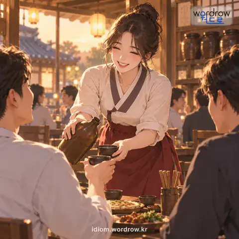 ‘술구기를 잡히다’의 첫 번째 뜻을 표현한 그림: 술장사를 하게 하다.