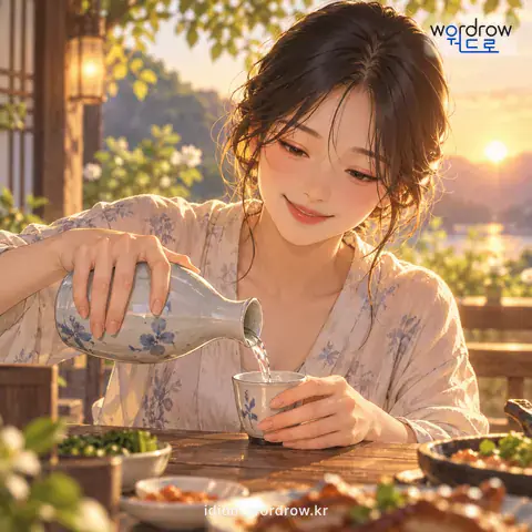 ‘술을 치다’의 첫 번째 뜻을 표현한 그림: 술을 잔에 따라 붓다.