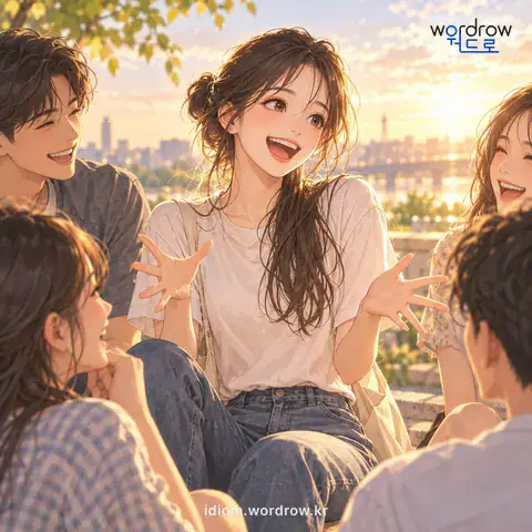 ‘숫기가 좋다’의 첫 번째 뜻을 표현한 그림: 수줍어하거나 부끄러워하는 기색이 없이 활발하다.