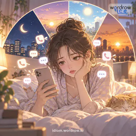 ‘시도 때도 없다’의 첫 번째 뜻을 표현한 그림: 시간에 구애받음이 없다.