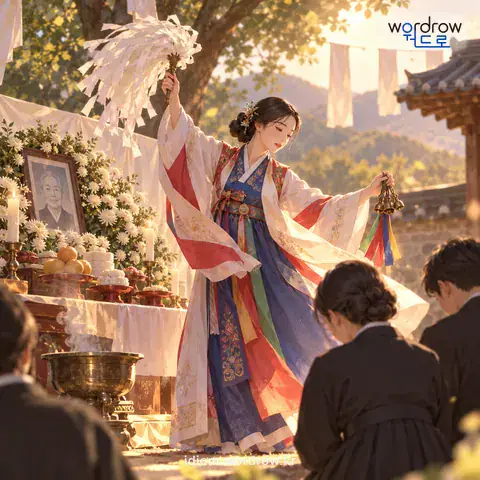 ‘시왕을 가르다’의 첫 번째 뜻을 표현한 그림: 무당이 죽은 사람의 명복을 빌기 위하여 굿을 하다.