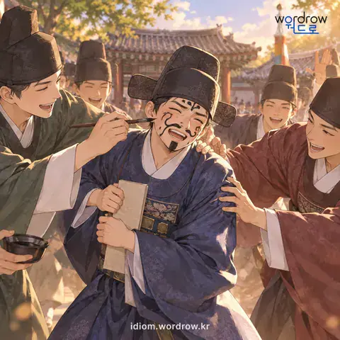 ‘신래를 불리다’의 첫 번째 뜻을 표현한 그림: 예전에, 과거에 급제한 사람을 선배들이 축하하는 뜻으로, 그의 얼굴에 먹으로 그림을 그리고 앞으로 오랬다 뒤로 가랬다 하며 괴롭히던 일을 이르는 말.