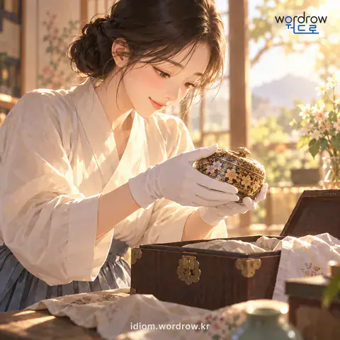‘신주 모시듯’의 첫 번째 뜻을 표현한 그림: 몹시 귀하게 여기어 조심스럽고 정성스럽게 다루거나 간직하는 모양을 비유적으로 이르는 말.