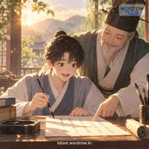‘싯발 달다’의 첫 번째 뜻을 표현한 그림: 한시를 처음 배워 겨우 운자(韻字) 다는 법을 익히게 되다.