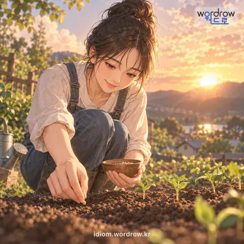 ‘씨를 붙이다’의 첫 번째 뜻을 표현한 그림: 땅에 씨를 심어 싹을 틔우다.