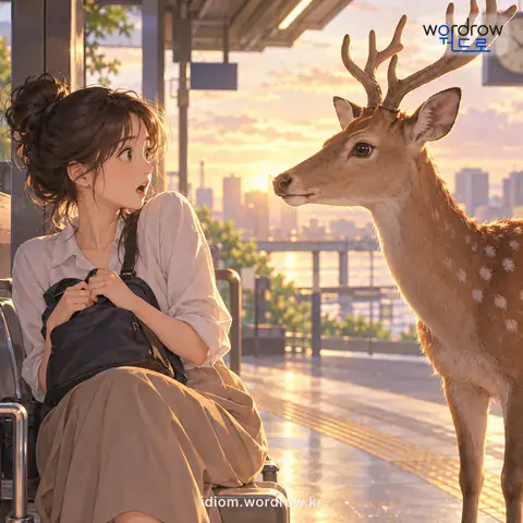 ‘아닌 때 아닌 곳’의 첫 번째 뜻을 표현한 그림: 뜻하지 아니한 엉뚱한 때나 곳.