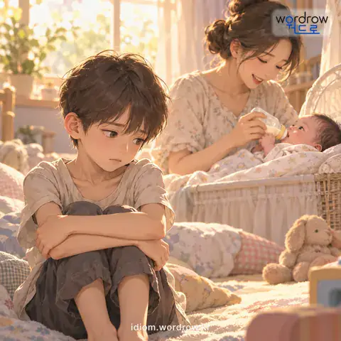 ‘아우를 타다’의 첫 번째 뜻을 표현한 그림: 동생이 생긴 뒤에 아이가 몸이 여위다.