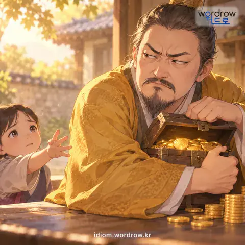 ‘아주 송화색이라’의 첫 번째 뜻을 표현한 그림: 아주 샛노랗다는 뜻으로, 인색하기 짝이 없는 경우를 이르는 말.