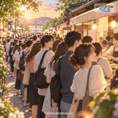 ‘안고 돌다’의 첫 번째 뜻을 표현한 그림: 번잡하게 꼬리를 물고 붐비다.