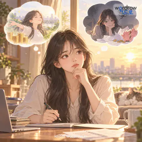 ‘앞뒤를 재다’의 첫 번째 뜻을 표현한 그림: 어떤 일을 할 때 자신의 이해나 득실을 신중하게 따지고 이것저것 계산하다.