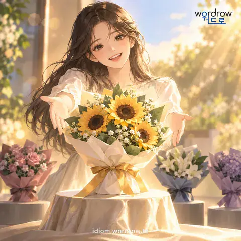 ‘앞에 내세우다’의 첫 번째 뜻을 표현한 그림: 다른 것보다 더 두드러지게 드러내 놓거나 중요시하다.