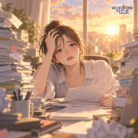 ‘앞이 벌다’의 첫 번째 뜻을 표현한 그림: 담당하거나 감당하기가 힘에 겹다.
