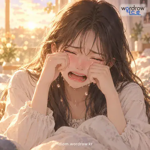 ‘앵두를 따다’의 첫 번째 뜻을 표현한 그림: (속되게) 눈물을 뚝뚝 흘리며 울다.