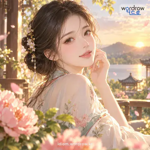 ‘양 귀비 외딴치다’의 첫 번째 뜻을 표현한 그림: 여자의 용모가 아주 아름답다.