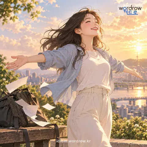 ‘어깨가 가볍다’의 첫 번째 뜻을 표현한 그림