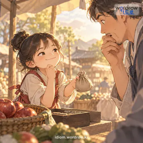 ‘어른 뺨치다’의 첫 번째 뜻을 표현한 그림: 아이가 어른도 못 당할 만큼 영악하다.