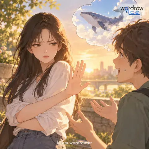 ‘어림 반 푼어치도 없다’의 첫 번째 뜻을 표현한 그림: 몹시 부당하거나 터무니없는 말을 함을 이르는 말.