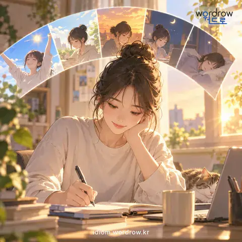 ‘어제 오늘 할 것 없이’의 첫 번째 뜻을 표현한 그림: 날짜를 가리거나 따질 것 없이.