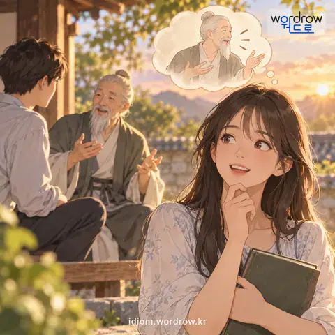 ‘얻어들은 풍월’의 첫 번째 뜻을 표현한 그림: 정식으로 배운 것이 아니라 남에게 들어서 아는 지식을 이르는 말.
