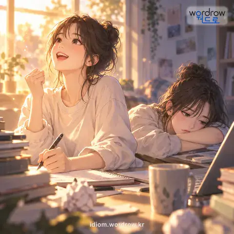 ‘열이 올랐다 내렸다 하다’의 첫 번째 뜻을 표현한 그림: 열정이 올랐다가 식었다 한다는 뜻으로, 무엇이 일정한 수준에서 꾸준하게 있지 못함을 이르는 말.