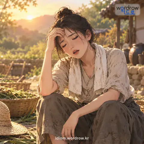 ‘엿물을 흘렸다’의 첫 번째 뜻을 표현한 그림: 엿물이 말갛게 식지 아니하고 뿌옇게 흐리면 엿이 되지 아니하여 고생을 하여야 한다는 데서, 녹초가 되도록 곤란을 많이 겪었다는 말.
