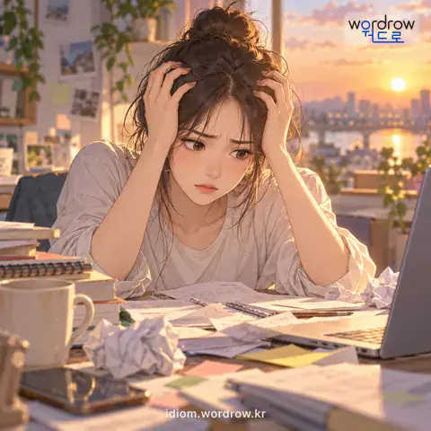 ‘왼새끼를 꼬다’의 첫 번째 뜻을 표현한 그림: 일이 꼬여 어떻게 될지 몰라 애를 태우다.