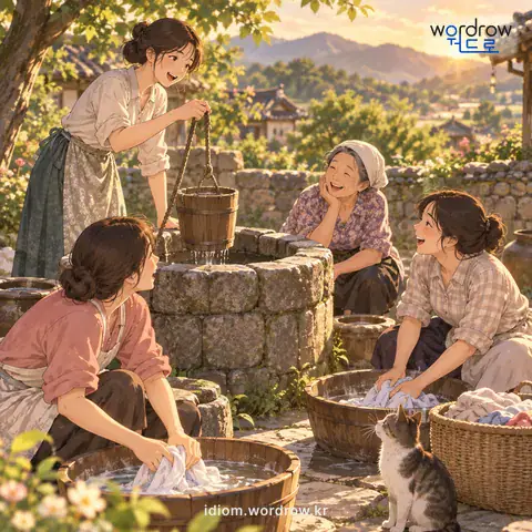 ‘우물 공사’의 첫 번째 뜻을 표현한 그림: 공동 우물 같은 곳에서 물을 긷거나 빨래 따위를 하면서 잡담을 즐기는 일을 비유적으로 이르는 말.