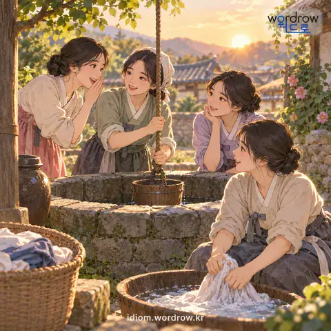 ‘우물가 공론’의 첫 번째 뜻을 표현한 그림: 여자들이 우물가에서 물을 긷거나 빨래 따위를 하며 주고받는, 세상 이야기나 소문을 이르는 말.