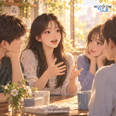 ‘운을 떼다’의 첫 번째 뜻을 표현한 그림: 어떤 이야기를 하기 위하여 말을 하기 시작하다.