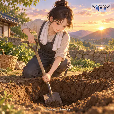 ‘움을 묻다’의 첫 번째 뜻을 표현한 그림: 움을 만들다.