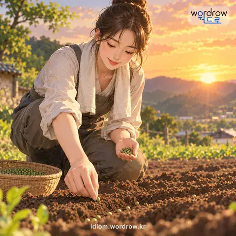 ‘원두를 부치다’의 첫 번째 뜻을 표현한 그림: 밭에 원두의 씨를 심다.