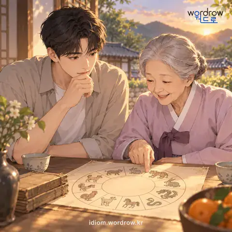 ‘육갑을 짚다’의 첫 번째 뜻을 표현한 그림: 나이를 가지고 태어난 해의 육갑을 헤아리다.