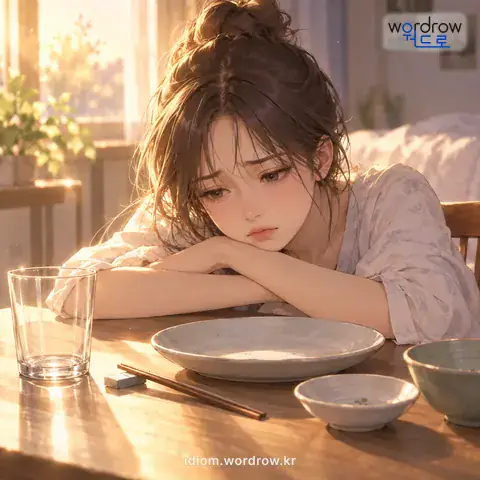 ‘음식 구경을 못 하다’의 첫 번째 뜻을 표현한 그림: 맹물조차 전혀 입에 대지 못하고 완전히 굶다.