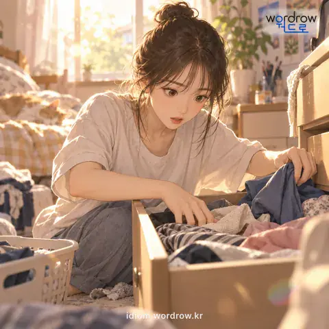 ‘이리 뒤적 저리 뒤적’의 첫 번째 뜻을 표현한 그림: 이리저리 뒤적거리는 모양을 이르는 말.
