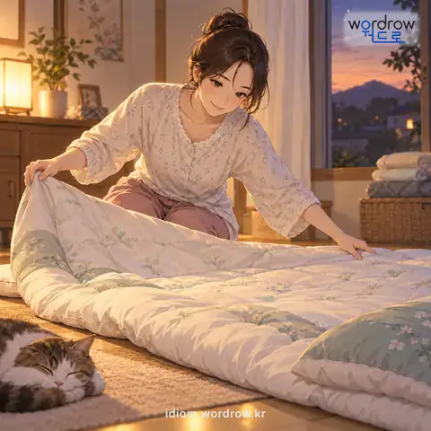 ‘이부자리를 보다’의 첫 번째 뜻을 표현한 그림: 이부자리를 펴고 잠잘 준비를 하다.