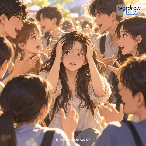 ‘인에 둘리다’의 첫 번째 뜻을 표현한 그림: 여러 사람의 운김에 정신이 휘둘리며 어지럽다.