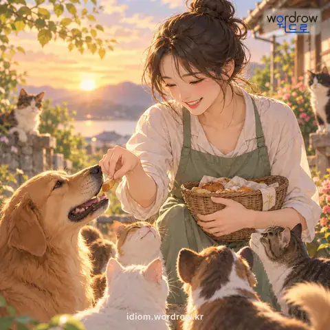 ‘인정이 무르다’의 첫 번째 뜻을 표현한 그림: 지나칠 정도로 인정이 많거나 후하다.