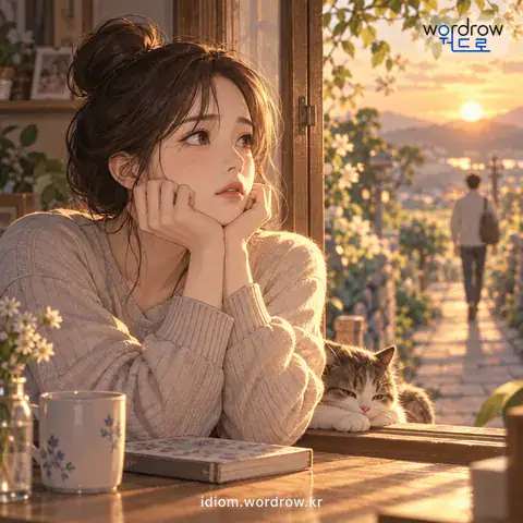 ‘일 년을 십 년같이’의 첫 번째 뜻을 표현한 그림: 몹시 애태우며 기다림을 비유적으로 이르는 말.