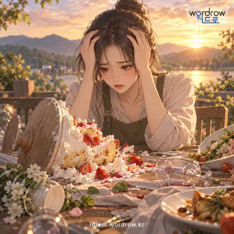 ‘일불이 살육통’의 첫 번째 뜻을 표현한 그림: 한 가지 잘못으로 여섯 가지 일이 다 망쳐진다는 뜻으로, 한 가지 잘못으로 모든 것이 다 망쳐짐을 비유적으로 이르는 말.