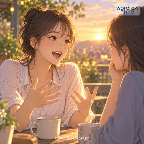 ‘입 밖에 내다’의 첫 번째 뜻을 표현한 그림: 어떤 생각이나 사실을 말로 드러내다.